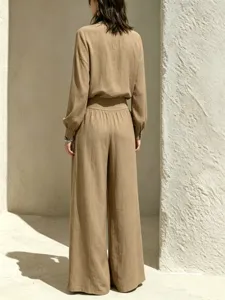 Casual cotton linen two piece set women loose long sleeve top wide leg pants autumn