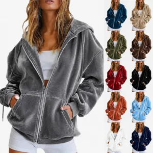 Women's Casual Velour Zip Up Hoodie Long Sleeve Oversized Jacket With Pockets Solid Color Fall Winter Outerwear