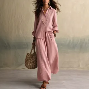 Women Casual Shirt Collar Long Sleeve Top And Wide Leg Pants Set Solid Color Loose Polyester Outfit Elegant Apparel