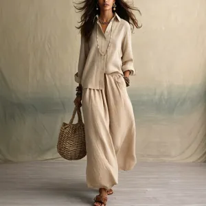 Summer casual women linen shirt and wide leg pants set, elegant solid color two piece outfit.