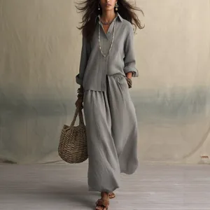 Summer loose cotton linen women two piece set shirt and wide leg pants casual outfit.