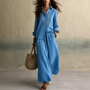 Women Summer Casual Linen Shirt and Wide Leg Pants Two Piece Set Chic Outfits Main