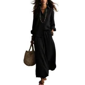 Summer loose linen cotton women's set featuring black shirt and wide leg pants for daily wear.