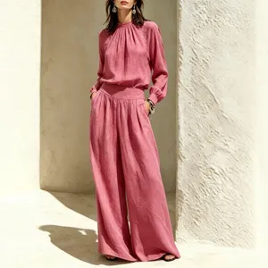 Women pink cotton linen two piece set long sleeve top and wide leg pants casual outfit