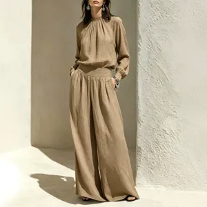 Women casual linen outfit set autumn loose long sleeve top and wide leg pants chic