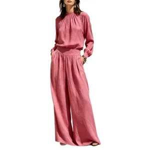Women pink long sleeve top and wide leg pants set casual two piece outfit for autumn