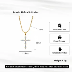 Detailed size guide for gold stainless steel cross necklace with cubic zirconia stones.