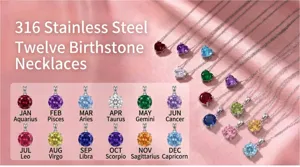 Twelve colors of 316 stainless steel birthstone necklaces for every zodiac sign.