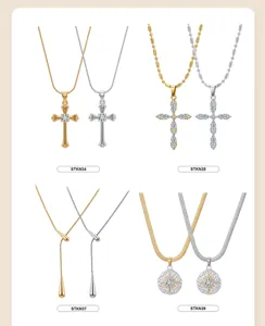 Selection of stainless steel necklaces in gold and silver finishes with various pendant styles
