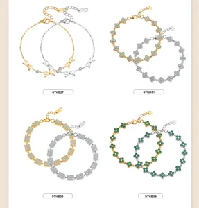Four styles of stainless steel bracelets in gold and silver with crystal clover and bow