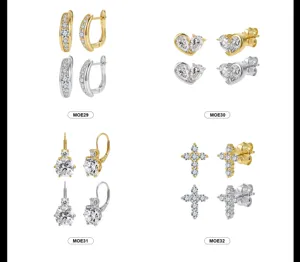 Detailed view of four Moissanite S925 silver earring styles in gold and silver finishes