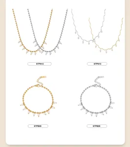 Detail view of 18K gold and silver stainless steel jewelry with pearl drops and SKUs