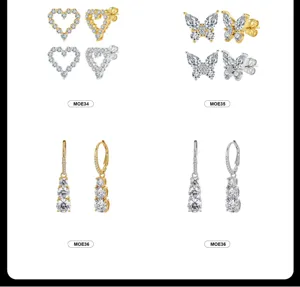 Detailed view of moissanite earrings in heart, butterfly, and drop styles, gold and silver.