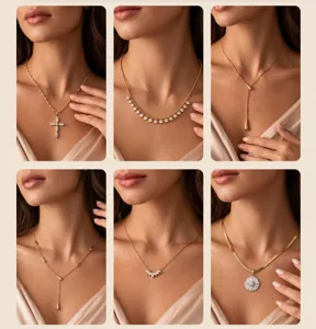Close-up collage of elegant gold necklaces with cross and crystal pendants on model.