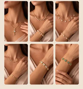Close-up collage of elegant 18K gold plated stainless steel necklaces and bracelets