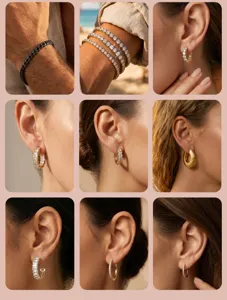 Selection of premium gold-plated zircon hoop earrings and tennis bracelets for women.