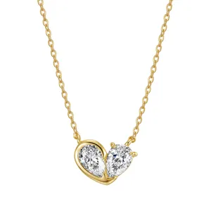 Elegant S925 sterling silver heart necklace with double pear-cut moissanite stones