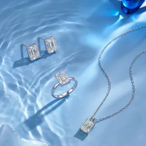 Emerald cut laboratory diamond jewelry set with necklace ring and earrings in 925 silver