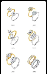 Selección de anillos de moissanita de lujo chapados en oro y plata con varios cortes