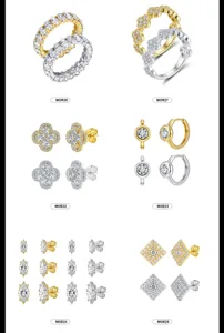 Catálogo detallado de anillos y pendientes de lujo en moissanita de oro y plata