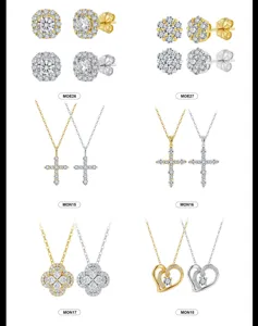 Colección de collares y pendientes de moissanita en acabados de oro y plata para mujer