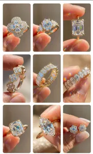 Fotos macro detalladas de varios anillos de moissanita y pendientes de flores brillantes