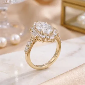 Detailed side view of a luxury marquise-cut lab-grown diamond ring in S925 silver