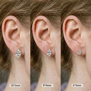 Comparación de tamaños de pendientes de moissanita marquesa: 10x5, 8x4 y 6x3 mm.