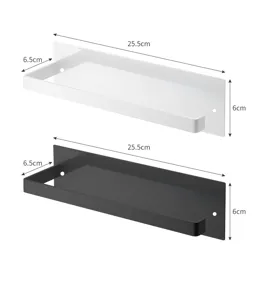 Magnetic kitchen shelf dimensions detail showing 25.5x6.5x6cm for white and black options.