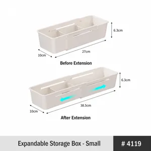 Adjustable white storage box with dividers showing specific dimensions before and after extension