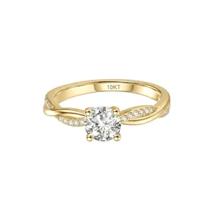 Eleganter 10K Gelbgold Lab Diamond Solitärring mit einem gedrehten Pavé-Diamantband
