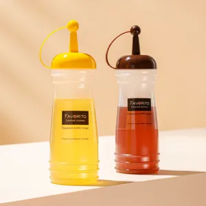 Professional pair of large plastic squeeze sauce bottles in yellow and brown colors