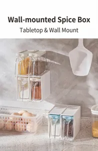 Wall-mounted and countertop transparent seasoning storage boxes in a modern kitchen.
