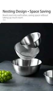 Detalle de boles de mezcla y colador anidados de acero inoxidable 304 para repostería