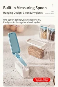 Detail of seasoning container with built-in 5ml measuring spoon and 280ml capacity.