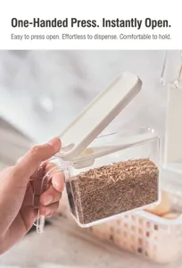 One-handed operation of transparent seasoning storage box with easy-to-open lid