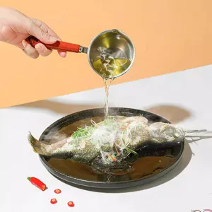 304 Stainless Steel Oil Pouring Pot Household Induction Cooker Hot Oil Spoon With Wooden Handle Double Spouts Cooking Pot