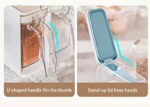 Wall-mounted seasoning jar detail showing U-shaped ergonomic handle and standing lid