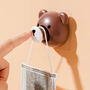 Cute Cartoon Bear Retractable Adhesive Hook Wall Mounted No Punch Cable Wire Organizer Face Mask Key Storage Rack Hanger Holder Home Decor