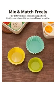 Détail de trois moules à bento en silicone cannelés colorés en menthe, jaune et vert citron