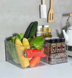 Large clear plastic refrigerator storage bins filled with fresh vegetables and spice jars