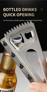 Multifunktionaler manueller Flaschenöffner aus Edelstahl im Einsatz bei einer Bierflasche