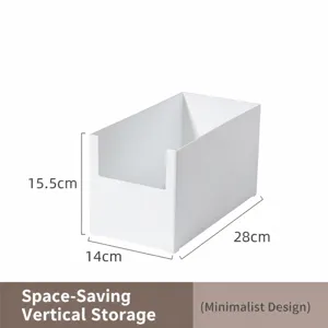 Detail view of large white storage box showing 28x14x15.5cm dimensions for cabinet use