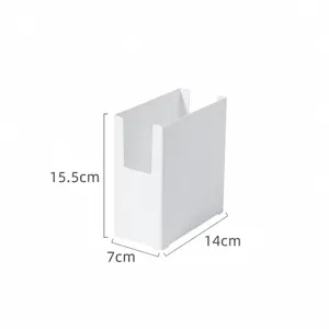Detail view of a narrow white plastic storage box measuring 15.5x14x7cm for cabinet organization.