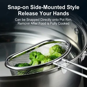 Stainless steel mesh strainer basket with side hook for easy pot edge cooking and blanching
