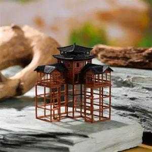 Ancient Chinese miniature pavilion model for fish tank landscaping and desktop decor detail.