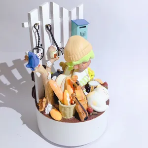Dekoratives Miniatur Landschafts Ornament aus Kunstharz mit Brot und süßer Katze.