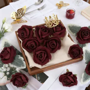 Burgundy artificial rose heads detail view for DIY wedding decoration floral arrangements craft