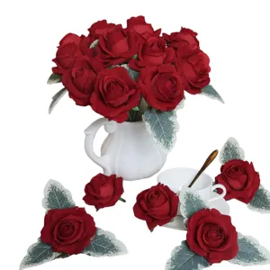 Artificial red velvet roses bouquet with vase home wedding decoration faux flower heads set