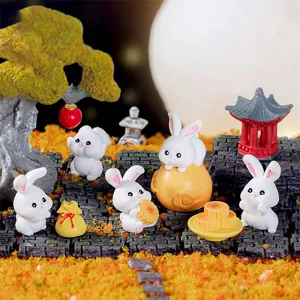 Mid Autumn Festival Resin Rabbit Mooncake Miniature Figurine Cute Animal Ornament Micro Landscape Desktop Decor Gift